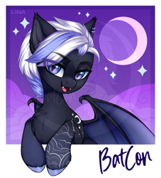 Size: 1377x1515 | Tagged: safe, artist:lina, imported from derpibooru, oc, oc only, bat pony, bat pony oc, bat wings, commission, looking at you, merchandise, moon, smiling, smiling at you, sticker, wings