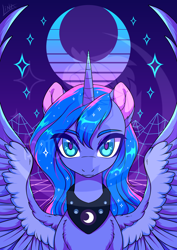 Size: 2480x3508 | Tagged: source needed, safe, artist:lina, imported from derpibooru, princess luna, alicorn, pony, commission, horn, jewelry, looking at you, merchandise, moon, print, regalia, retro, retrowave, solo, sparkles, spread wings, wings