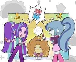 Size: 2577x2088 | Tagged: safe, artist:yanming98294, imported from derpibooru, adagio dazzle, aria blaze, sonata dusk, human, equestria girls, ..., abstract background, chibi, fangs, open mouth, playing card, speech bubble, text, the dazzlings, uno, uno reverse card