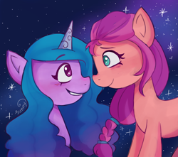 Size: 1700x1500 | Tagged: safe, artist:sunnyroop23, imported from derpibooru, izzy moonbow, sunny starscout, earth pony, pony, unicorn, blushing, duo, duo female, female, g5, horn, lesbian, looking at each other, looking at someone, mare, moonscout, shipping, smiling, smiling at each other, starry background, stars