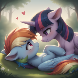 Size: 1331x1331 | Tagged: safe, imported from derpibooru, rainbow dash, twilight sparkle, alicorn, pegasus, pony, ai content, ai generated, backlighting, beautiful, blurry background, blush lines, blushing, chest fluff, cute, dashabetes, duo, duo female, ear fluff, eyebrows, eyebrows visible through hair, eyelashes, female, floating heart, floppy ears, flower, folded wings, forest, generator:bluefox mix, generator:stable diffusion, grass, heart, hooves, horn, hug, lesbian, lying down, mare, nature, on back, on top, outdoors, prompter:adorablebluefox, romantic, shipping, smiling, tree, twiabetes, twidash, twilight sparkle (alicorn), wings