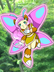Size: 1676x2217 | Tagged: safe, artist:rockmangurlx, imported from derpibooru, fluttershy, human, robot, butterfly wings, female, forest, gynoid, humanized, mega man (series), nature, tree, wings