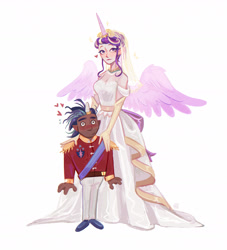 Size: 1764x1946 | Tagged: safe, artist:jellynut, imported from derpibooru, princess cadance, shining armor, human, blushing, breasts, busty princess cadance, cleavage, clothes, dark skin, dress, duo, duo male and female, female, heart, height difference, horn, horn ring, horned humanization, humanized, jewelry, light skin, looking at you, male, meme, physique difference, ring, shiningcadance, shipping, simple background, slender, smiling, smiling at you, sparkles, straight, tall, the bride and the ugly ass groom, thin, wedding dress, white background, winged humanization, wings