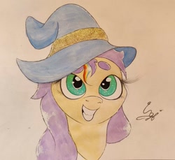 Size: 1815x1662 | Tagged: safe, artist:engi, imported from derpibooru, sunny starscout, earth pony, pony, female, g5, happy, hat, looking up, mane stripe sunny, my little pony: tell your tale, simple background, smiling, solo, traditional art, watercolor painting, wizard hat