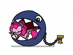 Size: 1800x1350 | Tagged: safe, artist:flutterluv, imported from derpibooru, pinkie pie, earth pony, pony, chain chomp, chains, crossover, female, mare, ponified animal photo, simple background, sleeping, solo, super mario bros., white background