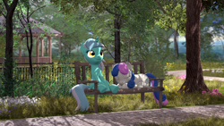 Size: 3840x2160 | Tagged: safe, artist:owlpirate, imported from derpibooru, bon bon, lyra heartstrings, sweetie drops, earth pony, pony, unicorn, 3d, 4k, bench, duo, duo female, female, gazebo, high res, horn, lesbian, looking up, lying down, lyrabon, mare, nature, outdoors, park, prone, shipping, sitting, sleeping, smiling, source filmmaker, tree