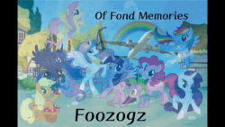 Size: 1280x720 | Tagged: safe, artist:foozogz, artist:user15432, imported from derpibooru, applejack, fluttershy, pinkie pie, princess celestia, princess luna, rainbow dash, rarity, spike, twilight sparkle, alicorn, dragon, earth pony, pegasus, pony, unicorn, animated, apple, blue sky, cloud, flying, food, foozogz, horn, house, link in description, looking at you, mane six, music, of fond memories, open mouth, open smile, plane, ponyville, rainbow, smiling, smiling at you, song, sound, sound only, twilight sparkle (alicorn), webm, youtube link