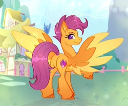 Size: 3973x3284 | Tagged: safe, artist:noctivage, imported from derpibooru, scootaloo, pegasus, pony, butt, ear fluff, feathered wings, featureless crotch, female, flank, hoof fluff, large wings, long tail, mare, older, older scootaloo, orange coat, plot, ponyville, raised hoof, short hair, solo, tail, wings