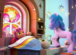 Size: 1384x1007 | Tagged: safe, imported from derpibooru, screencap, izzy moonbow, sunny starscout, earth pony, pony, unicorn, spoiler:my little pony: make your mark, bed, blanket, cropped, duo, duo female, female, g5, horn, looking at each other, looking at someone, mane stripe sunny, mare, my little pony: make your mark, my little pony: make your mark chapter 1, shipping fuel