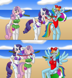 Size: 1280x1382 | Tagged: safe, artist:gameboysage, imported from derpibooru, rainbow dash, rarity, sweetie belle, anthro, pegasus, unguligrade anthro, unicorn, air nozzle, beach, beach ball, belle sisters, blowing up beach ball, blowing whistle, blushing, blushing profusely, breasts, busty rainbow dash, busty rarity, busty sweetie belle, clothes, context in description, cute, dashabetes, diasweetes, female, horn, lesbian, lifeguard, lifeguard dash, lifeguard rarity, lipstick, loonerdash, older, older sweetie belle, rainblow dash, rainbow dashs coaching whistle, raribetes, raridash, rarity's whistle, reasonably sized breasts, shipping, siblings, sisters, sitting, swimsuit, trio, trio female, water wings, whistle, whistle necklace