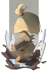 Size: 2800x4114 | Tagged: safe, artist:inori7596, imported from derpibooru, applejack, earth pony, pony, abstract background, female, fence, mare, mud, solo, water