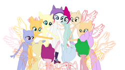 Size: 720x404 | Tagged: safe, artist:nsmah, artist:tekobases, imported from derpibooru, applejack, fluttershy, indigo zap, lemon zest, pinkie pie, rainbow dash, rarity, sci-twi, sugarcoat, sunny flare, sunset shimmer, twilight sparkle, human, equestria girls, base, helmet, my little pony equestria girls: friendship games, pegasus wings, ponied up, roller skates, rollerblades, simple background, skates, slender, smiling, thin, white background, wings