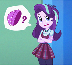Size: 2536x2304 | Tagged: safe, artist:orin331, imported from derpibooru, starlight glimmer, human, equestria girls, beanie, clothes, crossed arms, crystal prep academy, crystal prep academy uniform, geode, hat, human starlight, leggings, redesign, school uniform, skirt, speech bubble