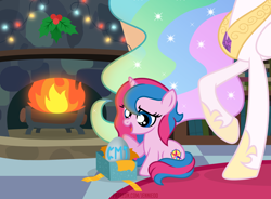 Size: 1200x885 | Tagged: safe, artist:jennieoo, imported from derpibooru, princess celestia, oc, oc:star sparkle, alicorn, pony, unicorn, chimney, fire, fireplace, happy, holly, horn, present, show accurate, smiling, vector