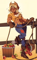 Size: 1936x3120 | Tagged: safe, artist:marshiroart, imported from derpibooru, applejack, human, apple, applejack's hat, applejacked, basket, belt, boots, clothes, cowboy hat, denim, emanata, female, fence, food, freckles, front knot midriff, gloves, grass, hairband, hat, jeans, lasso, midriff, muscles, muscular female, pants, plewds, ripped pants, rope, shoes, solo, sweat, torn clothes, watermark