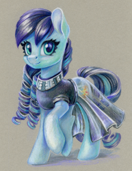Size: 924x1200 | Tagged: safe, artist:maytee, imported from derpibooru, coloratura, earth pony, pony, clothes, colored pencil drawing, commission, dress, raised hoof, smiling, solo, toned paper, traditional art