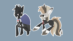 Size: 1920x1080 | Tagged: safe, artist:stifoxy, imported from derpibooru, oc, oc only, oc:naalu, oc:shogsilverhoof, earth pony, pony, big ears, clothes, concave belly, costume, dress, duo, duo male, full body, gradient ears, gradient hooves, looking at someone, male, oc x oc, outline, school uniform, shipping, simple background, stallion, stylized, thin, tricolor mane, tuxedo, white outline