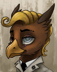 Size: 3800x4800 | Tagged: safe, artist:ryanmandraws, imported from derpibooru, oc, oc only, oc:terrafin, hippogriff, equestria at war mod, blind eye, clothes, jacket, necktie, scar, shirt, solo