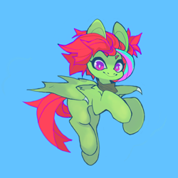 Size: 850x850 | Tagged: safe, artist:cutesykill, imported from derpibooru, oc, oc only, oc:enokai, bat pony, pony, bandana, bat pony oc, bat wings, big ears, big eyes, blank flank, blue background, colored eyebrows, commission, eyebrows, eyebrows visible through hair, female, green coat, looking at you, mare, multicolored mane, neckerchief, purple eyes, raised hooves, red mane, red tail, saturated, simple background, smiling, smiling at you, solo, spiky mane, spiky tail, spread wings, tail, thick eyelashes, two toned eyes, wingding eyes, wings