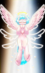 Size: 1100x1798 | Tagged: safe, artist:ohnancy, imported from derpibooru, cozy glow, pegasus, pony, beam of light, eyes closed, female, filly, foal, halo, solo, spread wings, wings