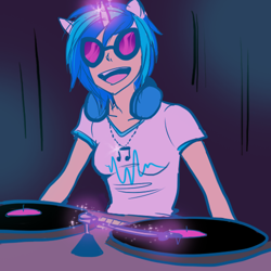 Size: 500x500 | Tagged: artist needed, safe, imported from derpibooru, dj pon-3, vinyl scratch, human, unicorn, glasses, glowing, glowing horn, headphones, horn, humanized, magic, open mouth, record, turntable