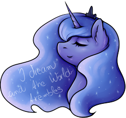 Size: 2025x1884 | Tagged: safe, artist:coco-drillo, imported from derpibooru, princess luna, alicorn, pony, ear fluff, eyes closed, flowing mane, night, night sky, quote, simple background, sky, solo, transparent background, warcraft, world of warcraft, ysera