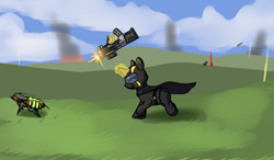 Size: 1989x1163 | Tagged: safe, artist:neuro, imported from derpibooru, oc, oc:filly anon, unicorn, female, filly, gun, helldivers 2, horn, magic, telekinesis, weapon