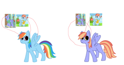 Size: 640x336 | Tagged: safe, artist:whereismypurpose2, imported from derpibooru, bow hothoof, rainbow dash, windy whistles, pegasus, pony, alternate color palette, alternate design, female, male, missing cutie mark, palette swap, parents and child, recolor, reverse colors, simple background, smiling, white background