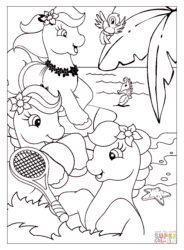 Size: 615x836 | Tagged: safe, imported from derpibooru, bird, earth pony, pony, seahorse, animated, beach, coloring page, female, flower, flower in hair, flower on ear, g2, gif, hoof hold, lei, lineart, mare, non-animated gif, ocean, open mouth, open smile, palm tree, smiling, tennis racket, tree, trio, unknown pony, water