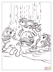 Size: 611x840 | Tagged: safe, imported from derpibooru, fizzy, pegasus, pony, sea pony, unicorn, animated, baby, baby sea ponies, bow, coloring page, female, filly, floaty, flying, foal, g1, gif, hair bow, horn, lineart, mare, non-animated gif, pool toy, rain, rearing, tail, tail bow, trio, trio female, turned head, water, waterfall