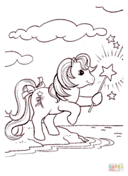 Size: 650x899 | Tagged: safe, imported from derpibooru, magic star, earth pony, pony, animated, bipedal, bow, cloud, coloring page, female, g1, gif, hoof hold, mare, non-animated gif, rearing, tail, tail bow, wand, water