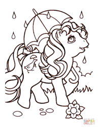 Size: 672x869 | Tagged: safe, imported from derpibooru, baby quackers, earth pony, pony, animated, coloring page, female, filly, first tooth pony, flower, foal, g1, gif, non-animated gif, open mouth, open smile, rain, smiling, solo, tooth, umbrella