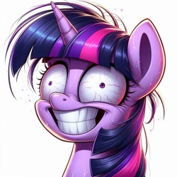 Size: 1024x1024 | Tagged: safe, imported from derpibooru, twilight sparkle, ai content, ai generated, faic, female, generator:dall-e 3, mare, messy mane, prompter:doomguy397, simple background, solo, solo female, twilight snapple, white background, wide eyes