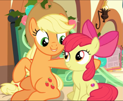 Size: 969x799 | Tagged: safe, imported from derpibooru, screencap, apple bloom, applejack, earth pony, pony, hearthbreakers, apple sisters, cropped, duo, female, siblings, sisters, sitting, smiling, solo