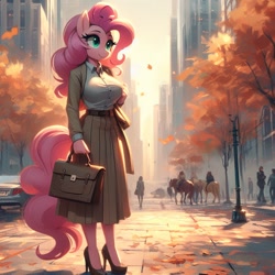Size: 1024x1024 | Tagged: safe, imported from derpibooru, pinkie pie, anthro, ai content, ai generated, autumn, bag, big breasts, breasts, businessmare, busty pinkie pie, button-up shirt, city, clothes, cute, female, handbag, high heels, long skirt, office lady, pavement, prompter:horselover fat, shirt, shoes, skirt, smiling, standing, tree