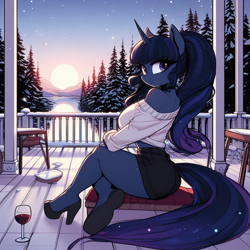Size: 1024x1024 | Tagged: safe, imported from derpibooru, princess luna, alicorn, anthro, adorasexy, ai content, ai generated, alcohol, bare shoulders, big breasts, breasts, busty princess luna, clothes, crossed legs, cute, female, glass, high heels, looking at you, looking back, looking back at you, pine tree, porch, prompter:horselover fat, sexy, shoes, short shirt, shorts, shoulderless, side view, sideboob, sitting, smiling, smiling at you, snow, snowfall, solo, sunset, tree, wine, wine glass, wingless, wingless alicorn, wingless anthro, winter