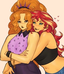 Size: 1980x2308 | Tagged: safe, artist:nire, imported from derpibooru, adagio dazzle, sunset shimmer, equestria girls, bare shoulders, bedroom eyes, blushing, bracelet, breasts, crossed arms, duo, duo female, ear piercing, earring, eye contact, eyeshadow, female, floating heart, freckles, heart, hug, hug from behind, jewelry, lesbian, lipstick, looking at each other, looking at someone, makeup, piercing, shipping, sleeveless, small breasts, spiked headband, spiked wristband, sunsagio, tsundere, wristband