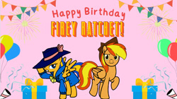 Size: 956x536 | Tagged: safe, artist:noi kincade, imported from derpibooru, oc, oc only, oc:firey ratchet, oc:flare spark, pegasus, clothes, detective, fedora, female, happy birthday, hat, male, trenchcoat