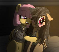 Size: 3960x3528 | Tagged: safe, artist:undisputed, imported from derpibooru, oc, oc only, pegasus, pony, armor, bed, bedsheets, blushing, duo, female, hug, long hair, mare, pegasus oc, smiling, wings