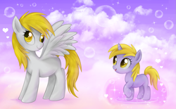 Size: 1803x1119 | Tagged: safe, artist:mn27, imported from derpibooru, derpy hooves, dinky hooves, pegasus, pony, unicorn, blank flank, bubble, cloud, cloud walking spell, cute, derpabetes, dinkabetes, female, filly, foal, heart, hooves, horn, mare, mother and child, mother and daughter, on a cloud, open mouth, raised hoof, sky, smiling, spread wings, standing on a cloud, wings