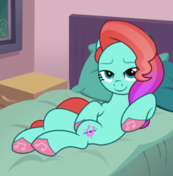 Size: 2374x2410 | Tagged: safe, artist:shieldwingarmorofgod, imported from derpibooru, earth pony, bedroom, bedroom eyes, draw me like one of your french girls, female, g5, g5 to g4, generation leap, jazz hooves, smiling, solo