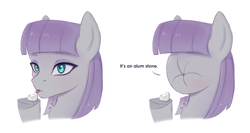 Size: 2384x1270 | Tagged: safe, artist:tanatos, imported from derpibooru, maud pie, earth pony, pony, 2 panel comic, bust, comic, female, food, lemon, meme, portrait, pucker, puckered face, scrunchy face, silly, silly pony, simple background, sketch, solo, stone, tongue out, white background