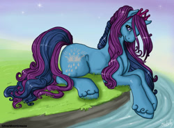 Size: 757x558 | Tagged: safe, artist:silvermoonbreeze, imported from derpibooru, princess silver rain, earth pony, pony, 2012, female, g2, grass, jewelry, looking at you, lying down, mare, prone, river, solo, tiara, unshorn fetlocks, water