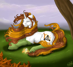 Size: 660x611 | Tagged: safe, artist:silvermoonbreeze, imported from derpibooru, oc, oc only, oc:kyrene, breezie, pony, unicorn, 2011, braid, duo, eyes closed, female, floppy ears, g1, g3, horn, long mane male, lying down, mare, prone, tail, wind, windswept hair, windswept mane, windswept tail