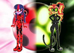 Size: 2084x1500 | Tagged: safe, artist:machakar52, imported from derpibooru, sci-twi, sunset shimmer, twilight sparkle, human, equestria girls, adrien agreste, alternate hairstyle, animal costume, bodysuit, boots, cat costume, cat ears, cat noir, cat tail, clothes, cosplay, costume, crossover, hand on hip, jacket, ladybug (miraculous ladybug), ladybug costume, looking at each other, looking at someone, marinette dupain-cheng, mask, miraculous ladybug, open mouth, open smile, pigtails, ponytail, shoes, smiling, tail