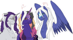 Size: 900x497 | Tagged: safe, artist:silvermoonbreeze, imported from derpibooru, oc, oc only, oc:moonbreeze, oc:soleste, oc:starlight (silvermoonbreeze), pegasus, unicorn, 2014, coat markings, eyes closed, facial markings, female, floppy ears, grin, horn, looking at you, male, mare, nervous, nervous grin, nose cutie mark, partially open wings, pegasus oc, simple background, smiling, stallion, star (coat marking), sweat, sweatdrop, unamused, unicorn oc, white background, wings