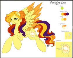 Size: 600x474 | Tagged: safe, artist:silvermoonbreeze, imported from derpibooru, oc, oc only, oc:twilight sun, pegasus, pony, coat markings, color palette, colored wings, colored wingtips, facial markings, female, flying, looking at you, mare, reference sheet, simple background, solo, spread wings, star (coat marking), white background, wings
