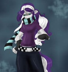 Size: 507x537 | Tagged: safe, artist:silvermoonbreeze, imported from derpibooru, oc, oc only, oc:moonbreeze, anthro, unicorn, 2010, 30 minute art challenge, belt, blue background, clothes, facial markings, female, fingerless gloves, gloves, hand on hip, horn, mare, scarf, shirt, simple background, solo, striped scarf, t-shirt
