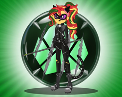 Size: 1884x1500 | Tagged: safe, artist:machakar52, imported from derpibooru, sunset shimmer, human, equestria girls, adrien agreste, alternate hairstyle, animal costume, belt, bodysuit, boots, cat costume, cat ears, cat tail, claw noir, clothes, costume, crossover, frown, high heel boots, jacket, mask, miraculous ladybug, ponytail, purple eyes, shoes, tail
