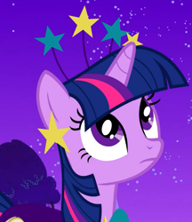 Size: 640x740 | Tagged: safe, imported from derpibooru, screencap, twilight sparkle, pony, unicorn, season 1, suited for success, cropped, ear piercing, earring, female, frown, headband, horn, jewelry, looking up, mare, night, piercing, solo, unicorn twilight